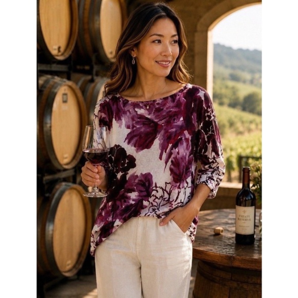 Coastal Grandma Floral Purple  Watercolor Linen Blend Knit Top  3/4 Sleeve L Art